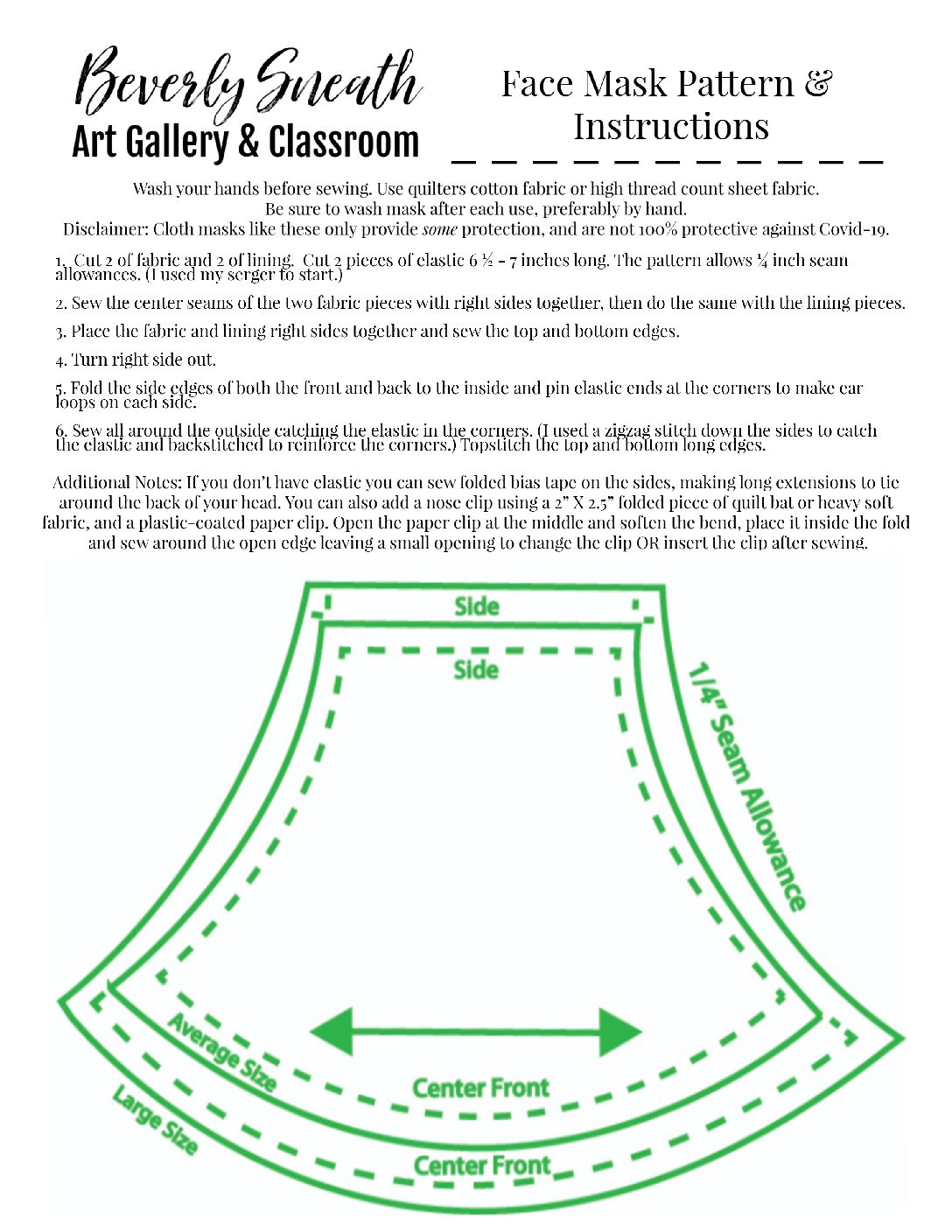 Free Printable: Face Mask Sewing Pattern (Covid-19) | Beverly Sneath Art Studio