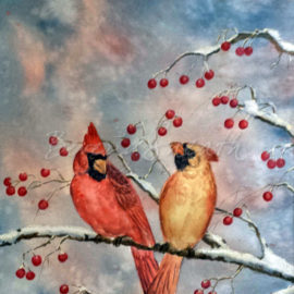Cardinals and Berries (Watercolour image  12 X 20 in) Sold