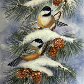 Chickadees on Pine Boughs wc 11.5X15.5 outer 16X20 SOLD