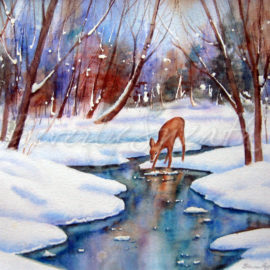 Deer at Stream in New Snow wc 15.5X11.5 outer 16X20