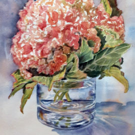 Hydrangea in Glass Vase wc 10.25 X 14.25 outer 15 X 20