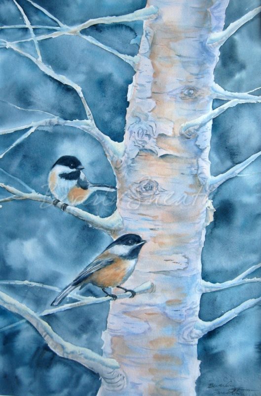Two chickadees on birch tree branches in winter