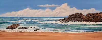 Breaking Waves - nature - water- beach acrylic painting on canvas 16 X 40 inches A panorama view of a sandy beach with waves rolling in over rocks.