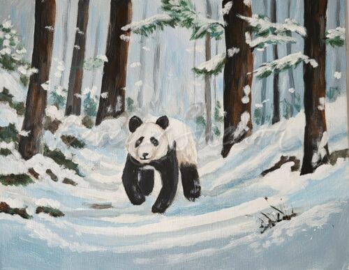 Winter Panda walking in snowy forest