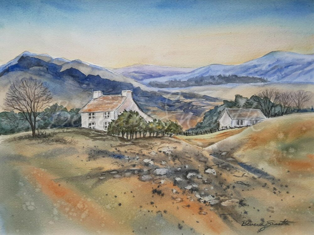 Blue Hills watercolour - blue mountains behind white house and building with trees on a rugged, rocky hill