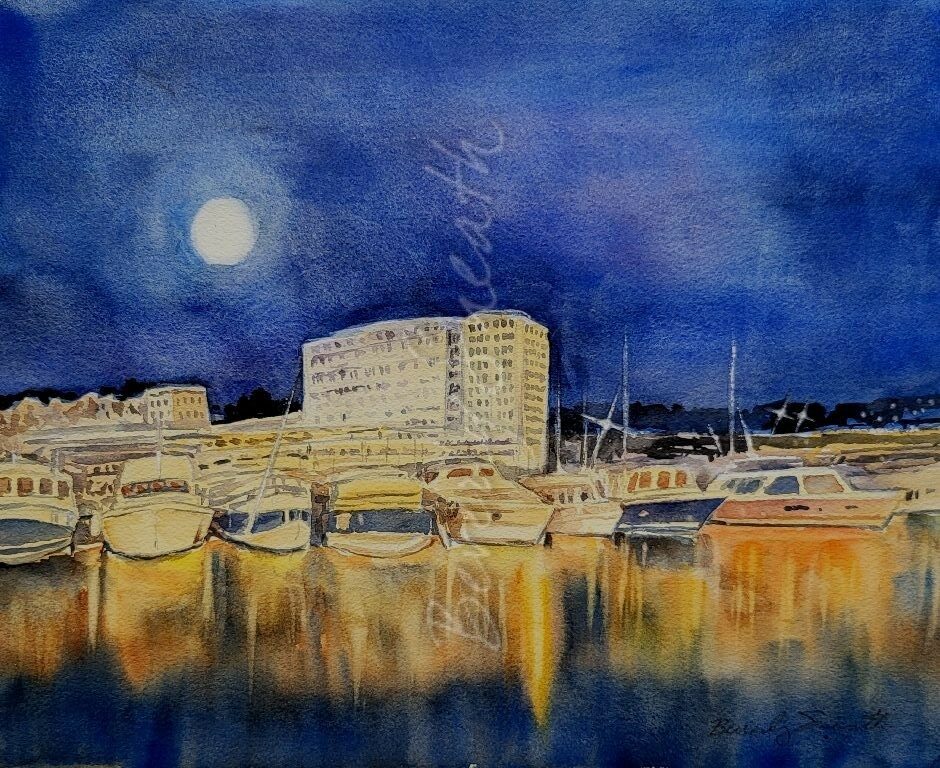 Night on the Marina - water scene - full moon - boats