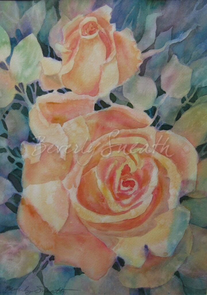 Watercolour painting of peach colour roses