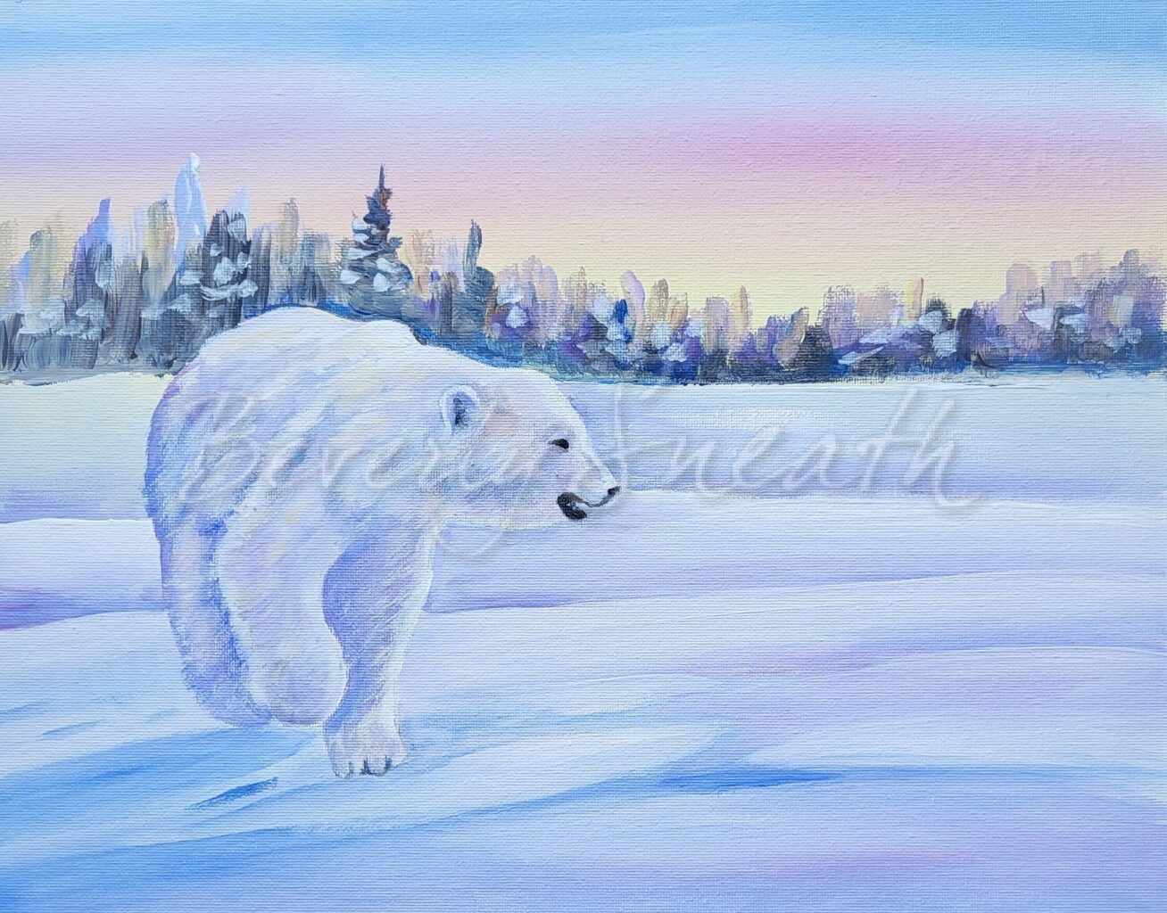 Polar Bear walking on snow covered ground in front of treeline