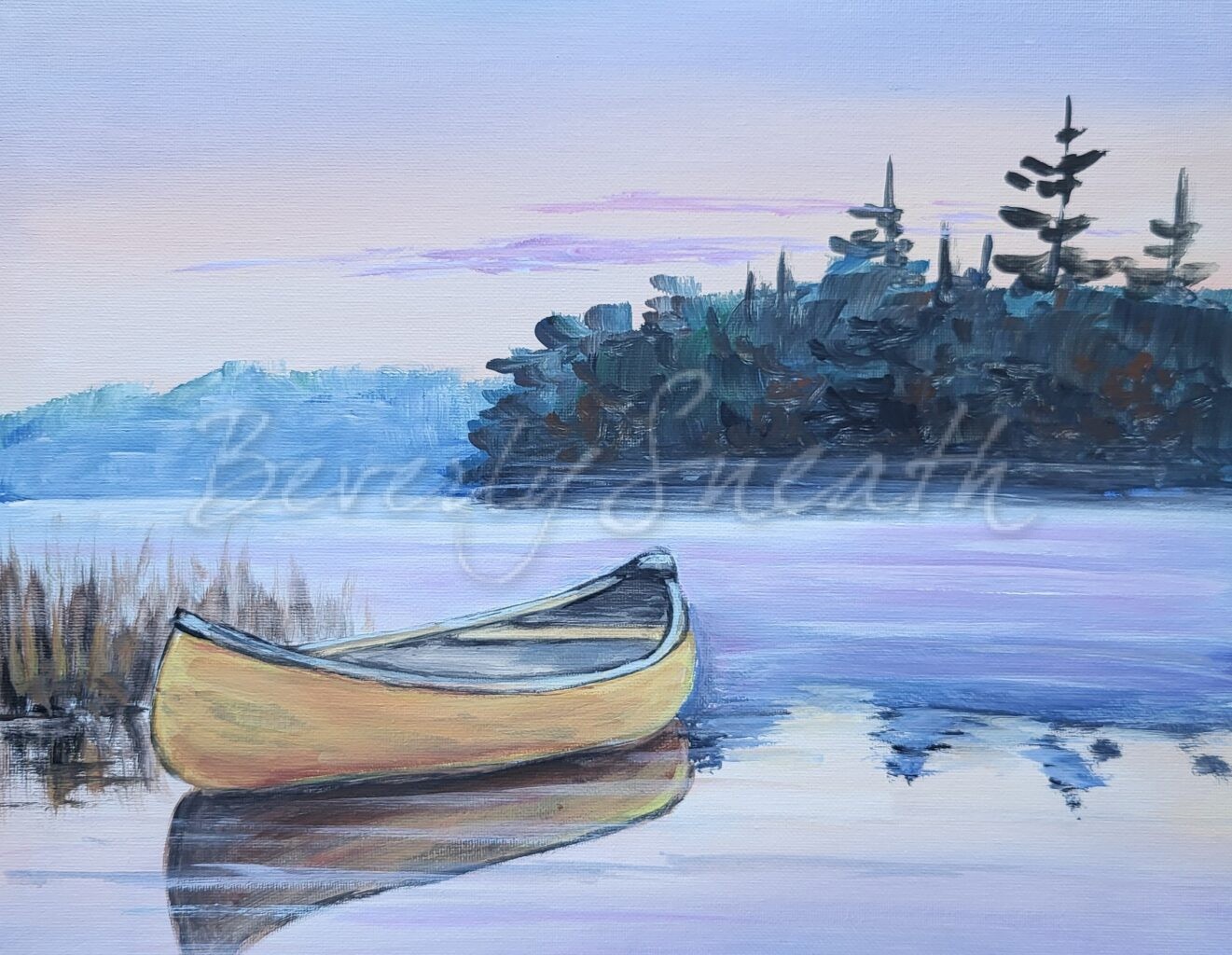 Yellow canoe on a lake, reflection in water, island of trees sky and water