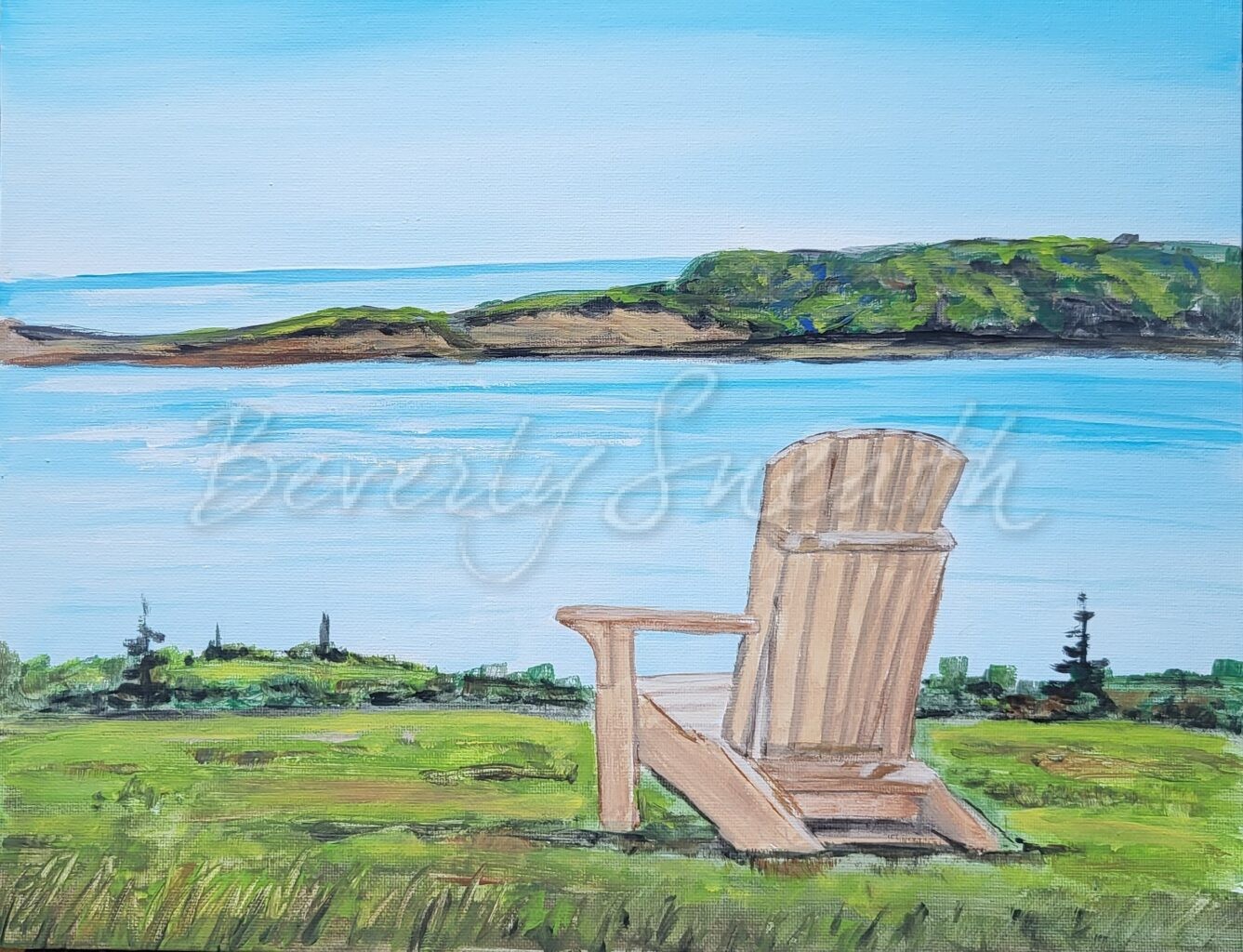 Muskoka chair on a hill overlooking a lake