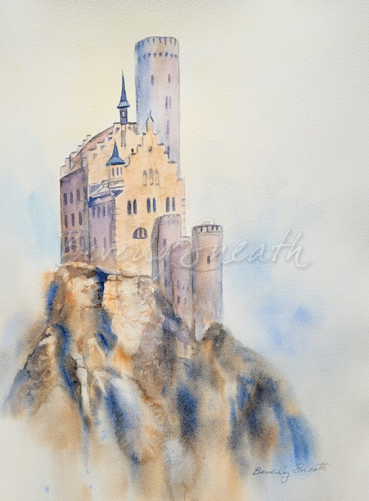 Castle high on mountain with soft edges in blues and browns