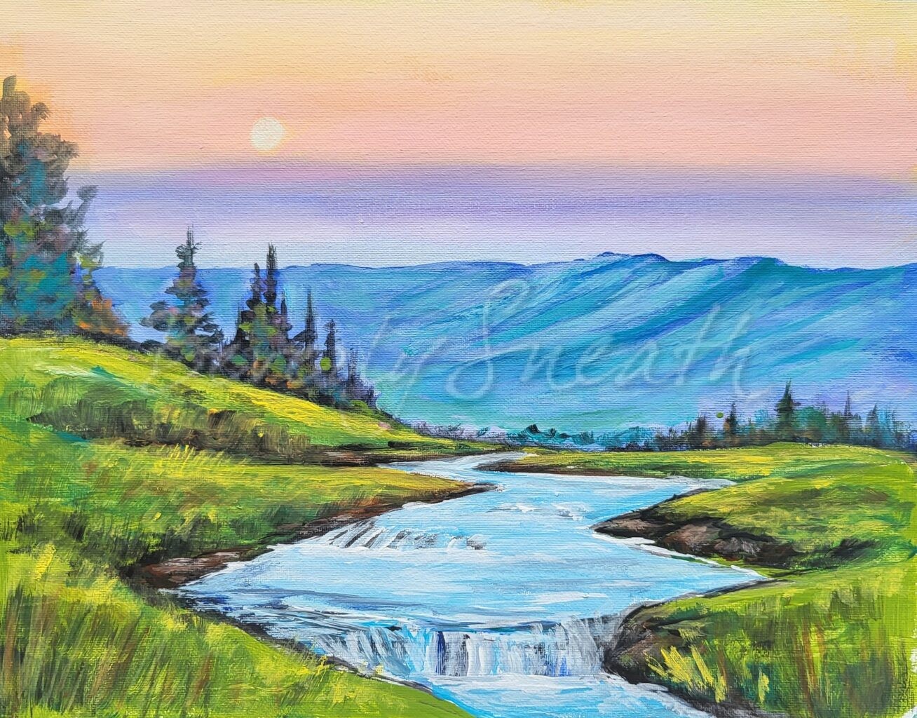Winding River, green hills blue mpuntains, trees and sunset sky