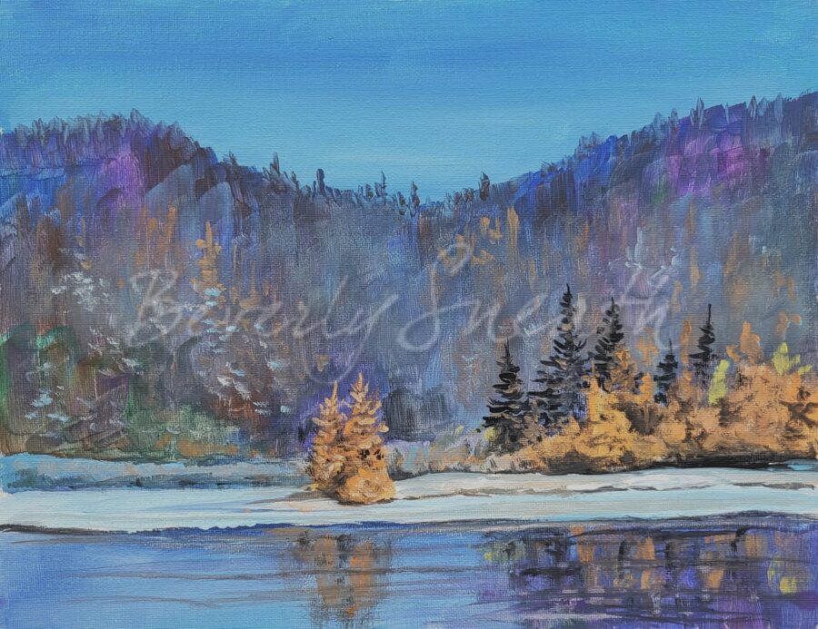Winter Transition Paint Night - trees lake mountains