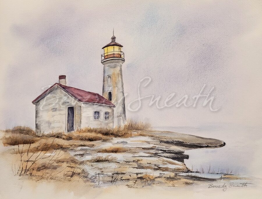 Old lighthouse on the edge of rocky shore - fog